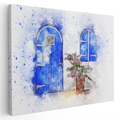 Tablou canvas usa, fereastra si ghiveci albastru, roz, maro 1265 Tablou canvas pe panza CU RAMA 20x30 cm