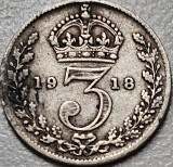 3 pence 1918 Marea Britanie, George V , argint, km#813, Europa