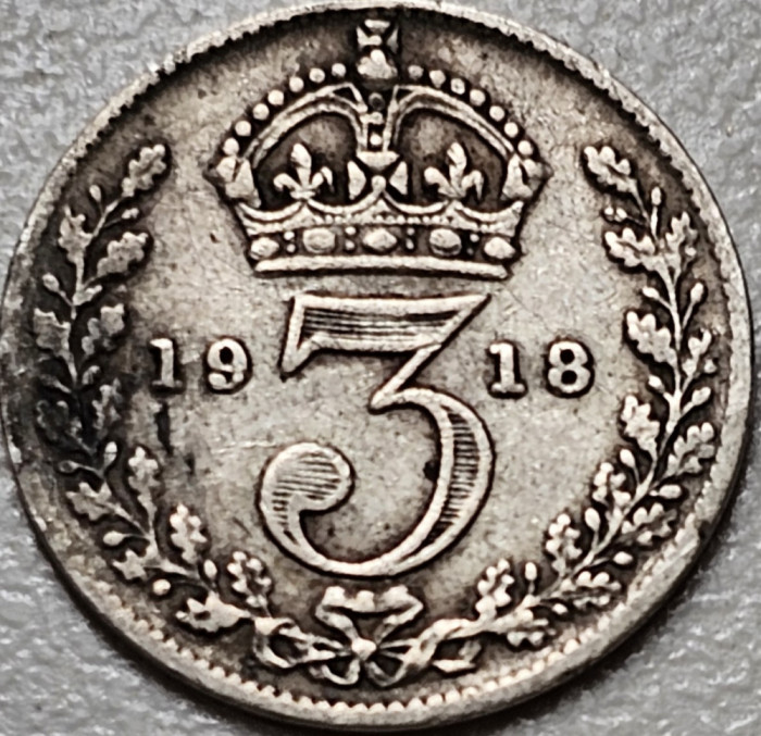 3 pence 1918 Marea Britanie, George V , argint, km#813