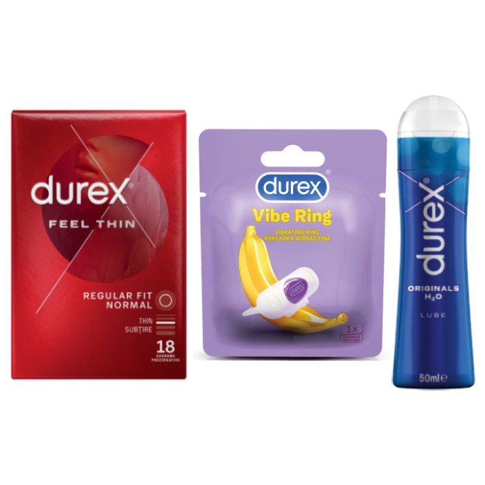 Pachet Durex 18 bucati x Prezervative Feel Thin + Inel vibrator + Lubrifiant Play Feel 50 ml