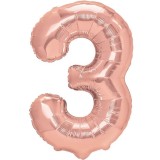 Balon din folie metalizata flippy, figurina cifra, tema aniversare 80 cm, ambalaj individual, pai inclus, umflare cu aer sau heliu, rose gold, cifra 3
