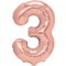 Balon din folie metalizata flippy, figurina cifra, tema aniversare 80 cm, ambalaj individual, pai inclus, umflare cu aer sau heliu, rose gold, cifra 3