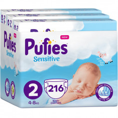 Scutece Pufies Sensitive, 2 Mini, Monthly Pack, 4-8 kg, 216 buc