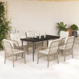 Set masa gradina vidaXL, 7 piese, poliratan bej, 160x80cm, cu perne incluse, scaune cu perne detasabile, blat sticla