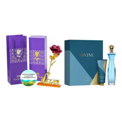 Set complet pentru Ea Divine (apa de parfum, crema de maini), insotit de insigna Dactylion cu mesaj motivational, cadou un trandafir rosu suflat la ba foto