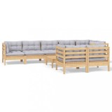 Set mobilier de gradina cu perne gri, 9 piese, lemn masiv pin