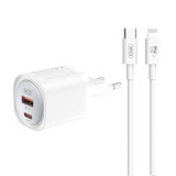 Incarcator Retea XO CE21 30W GaN cu USB-A, USB-C si Cablu USB-C la Lightning, Alb