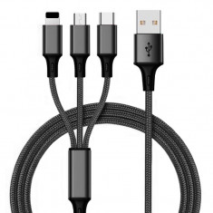 Cablu de incarcare 2.4A, Kubetron, 1.2m, USB la USB-C, Lightning, Micro-USB, Tesatura nylon, Negru foto