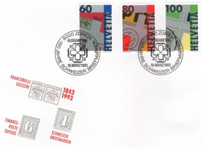 Elvetia 1993 - 150-a aniversare a timbrelor, serie pe FDC foto