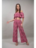 Compleu Dama Animal Print Roz S-M, Sweet Girl: Pantaloni + Top Crop Volane, Bumbac &amp; Poliester, Serafino, Elegant si Confortabil