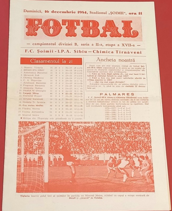 Program meci fotbal "SOIMII IPA" SIBIU - "CHIMICA" TARNAVENI (16.12.1984)