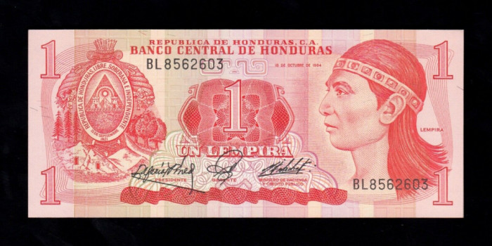 HONDURAS █ bancnota █ 1 Lempira █ 1984 █ P-68b █ UNC █ necirculata