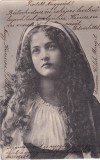 Portret artistic feminin cu val si par buclat, 14x9 cm, An 1901, Stare buna
