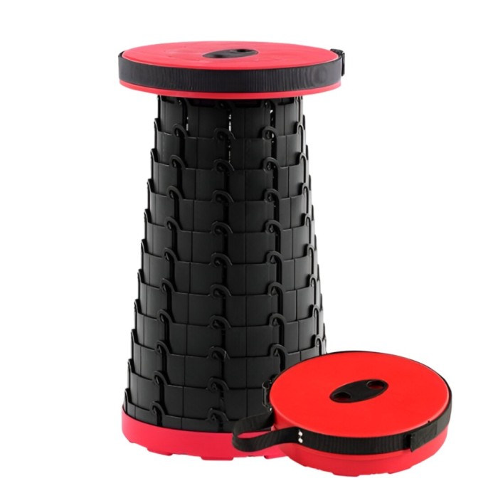 Scaun telescopic pliabil pentru camping si pescuit, flippy, portabil, universal, sustine 150 kg, abs, diametru 25 cm, extensibil, inaltime 45 cm, rosu