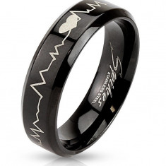 Inel din oțel inoxidabil negru - inimă și electrocardiogramă, 6 mm - Marime inel: 54