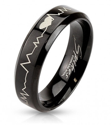 Inel din oțel inoxidabil negru - inimă și electrocardiogramă, 6 mm - Marime inel: 49 foto