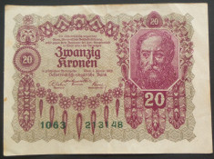 Bancnota ISTORICA 20 COROANE - AUSTRO-UNGARIA (AUSTRIA), anul 1922 *cod 744 A foto