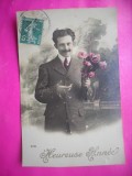 HOPCT 12058 ANUL 1914 FELICITARE VECHE-BARBAT - ELEGANT -FRANTA-EUROPA -TCV -ROMANTICA-STAMPILOGRAFIE TIMBRU -CIRCULATA