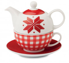 Ceainic ceramic cu model nordic alb-rosu foto