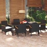 VidaXL Set de masă pentru grădină cu perne, 7 piese, negru, poliratan