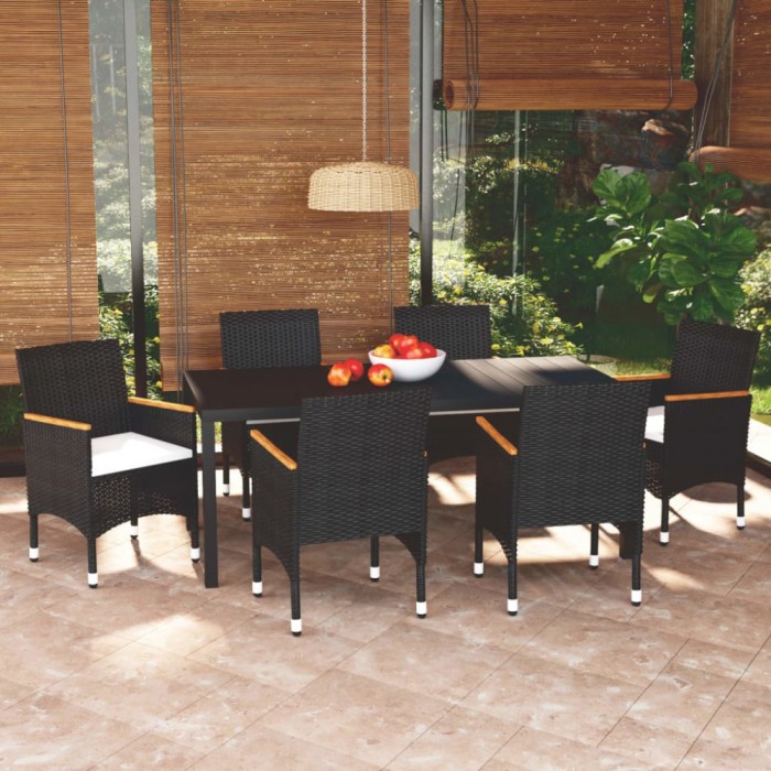 vidaXL Set de masă pentru grădină cu perne, 7 piese, negru, poliratan 3095019