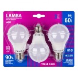 Becuri LED, A60, E27, Set 3 Bucăți, Lumină Albă Rece, 10W, 6500K, 810 Lumeni, Durată Viață 25.000 Ore, Oem
