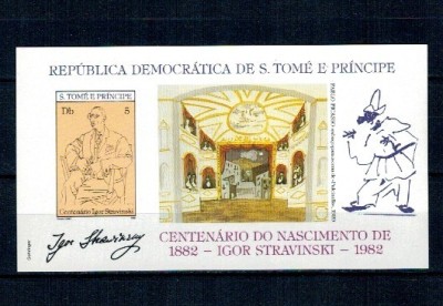 Sao Tome 1982 - Igor Stravinski, compozitor, pictura, Picasso, colita nedantelata neuzata foto