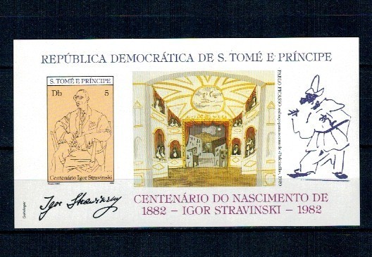 Sao Tome 1982 - Igor Stravinski, compozitor, pictura, Picasso, colita nedantelata neuzata