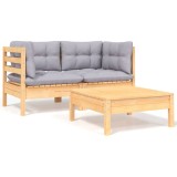 Gossi set mobilier de gradina cu perne gri, 3 piese, lemn masiv pin