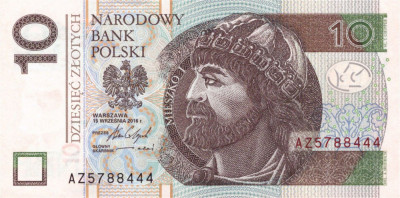 POLONIA █ bancnota █ 10 Zlotych █ 2016 █ P-183b █ UNC █ necirculata foto