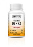 Vitamina D3 + K2: 2-in-1, absorbtia calciului, 2000 UI D3 + 75 mcg K2 capsula, 30 cps