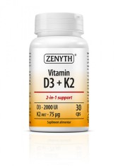 Vitamina D3 + K2: 2-in-1, absorbtia calciului, 2000 UI D3 + 75 mcg K2 capsula, 30 cps