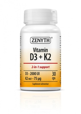 Vitamina D3 + K2: 2-in-1, absorbtia calciului, 2000 UI D3 + 75 mcg K2 capsula, 30 cps foto