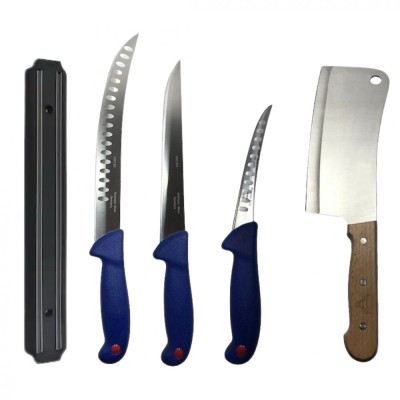 Set profesional de macelarie, transat, injunghiat, dezosat, filetat, 3 cutite otel carbon, satar, suport magnetic foto