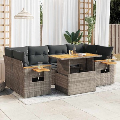 vidaXL Set canapele grădină cu perne 7 piese gri poliratan/lemn acacia 3327567 foto