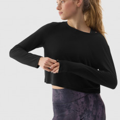 Tricou crop-top cu mânecă lungă de yoga cu adaos de modal pentru femei - negru