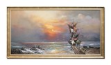 Cumpara ieftin Tablou apus de soare cu velier si pescari pictat manual inramat, 120x70cm ulei pe panza, Geo Ungureanu