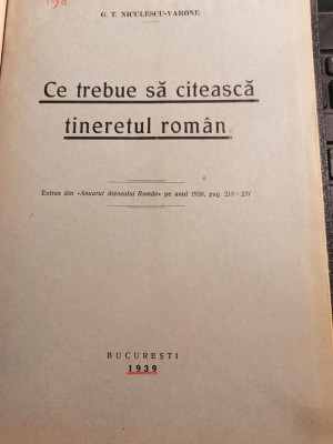 1939 Ce trebue sa citeasca tineretul roman, G.T. Niculescu-Varone cartonata foto
