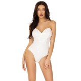 Lenjerie teddy sexy LEG AVENUE Vinyl Bodysuit, body erotic din material lucios, culoare alb, mărime M (2780)