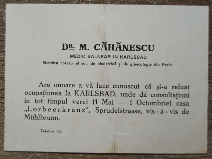 Reclama M. Cahanescu, medic balnear in Karlsbad