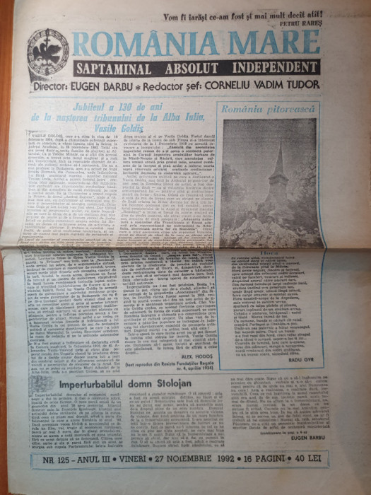 ziarul romania mare 27 noiembrie 1992-130 ani de la nasterea lui vasile goldis