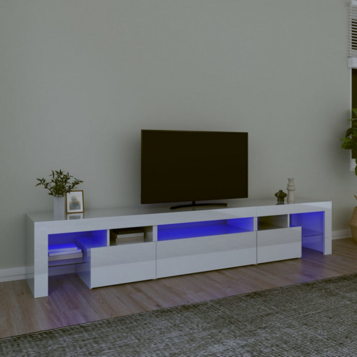 Comoda TV cu lumini LED, alb extralucios, 215x36,5x40cm GartenMobel Dekor
