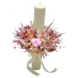 Lumanare pentru cununie botez, 42 cm, cu floare de bumbac si plante uscate (personalizabila cromatic si cu text)