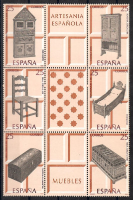 Spania 1991 - Mobila tradițională, bloc de 6 timbre + 3 viniete, MNH foto