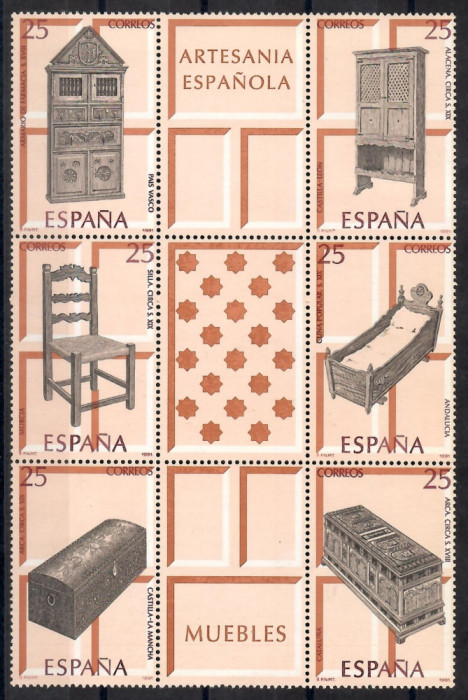Spania 1991 - Mobila tradițională, bloc de 6 timbre + 3 viniete, MNH