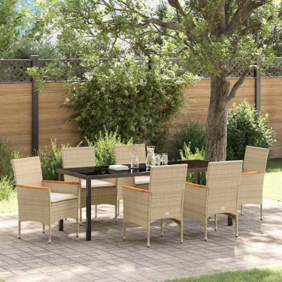 Set de dining pentru grădină cu 7 piese și perne, Bej, din rattan poliesteric foto