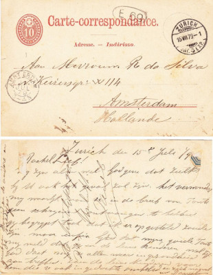 Switzerland 1879 Old postcard postal stationery ZURICH to AMSTERDAM D.993 foto