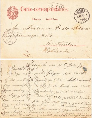 Switzerland 1879 Old postcard postal stationery ZURICH to AMSTERDAM D.993 foto
