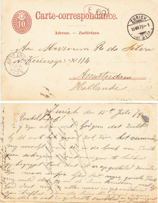 Switzerland 1879 Old postcard postal stationery ZURICH to AMSTERDAM D.993