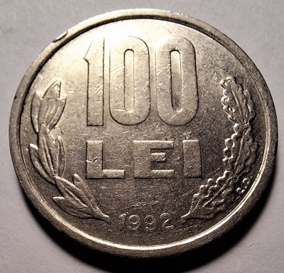 Moneda 100 lei 1992 (#2) cifra 9 rotunjită, eroare batere excentrică foto